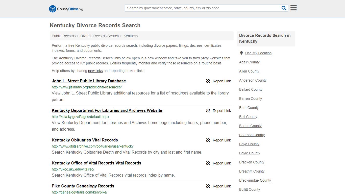 Kentucky Divorce Records Search - County Office